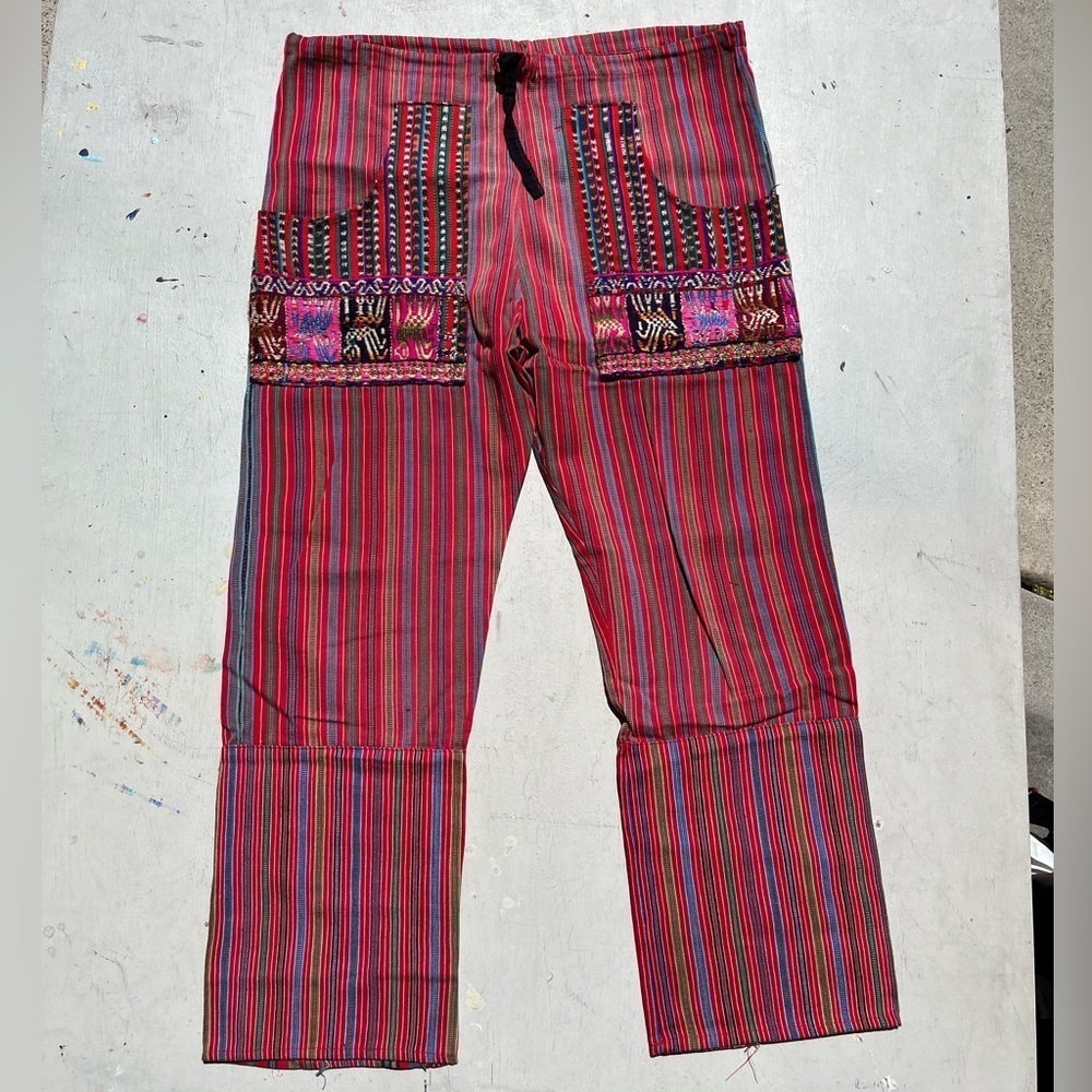 Women's Hippie Bohemian Pants Multicolor Striped‎ XL Peru Patch Indigenous Flare